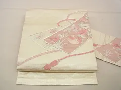 平和屋着物■九寸名古屋帯　総刺繍　銀駒刺繍　熨斗鴛鴦花文　銀糸　逸品　n-xi1543
