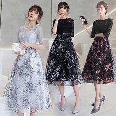 只今底値!ドレス プリント お洒落 黒 パーティードレス ミモレ丈 レース 二次会 お呼ばれドレス 5分袖 Aライン イブニングドレス 30代 40代