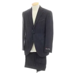 【中古】ビームスエフ BEAMS F サマーウール ストライプ 3つボタンスーツ ダークネイビーxグレー【サイズ90】【メンズ】