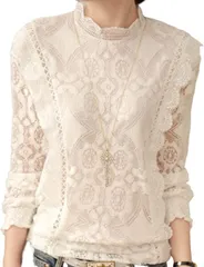 GIVEK ハイネック レースブラウス 長袖 レディース 白 春夏用 トップス 刺繍 フェミニン 細身 シルエット Large( ホワイト,  L)