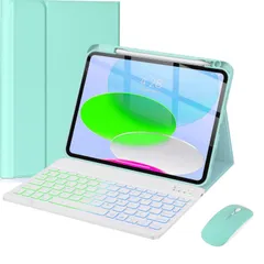 新品 マウス付き iPad 10.2インチ 第9/8/7世代 キーボードケース 7色バックライト付き Air3 Pro10.5 キーボード カバー 上側 ペンホルダー付き マグネット 分離式 おしゃれ，ミント+白