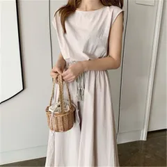 ☆ アイボリー ☆ Mサイズ ☆ ワンピース lydress02 ワンピース ノースリーブ レディース ワンピ ラウンドネック ミドル丈 リボン コットン 無地 綿 ひも 紐 シンプル カジュアル 通学 通勤 かわいい おしゃれ
