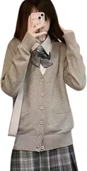 SCHOOL HERO レディース カーディガン セーター 制服 ニット トップス ニットカーディガン JK スクール 気軽に着れる 定番 JK制服 学生 中学生 高校生 無地 Vネック(グレー,  Free Size)