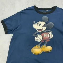 ミッキーマウス　Mickey Mouse　半袖　リンガーTシャツ　ディズニー　Disney　トップス　古着　ネイビー　紺色　L