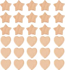 OLYCRAFT 30個2種類 天然木ビーズ ウッドビーズ 星形の木製ビーズ ハート型の木製ビーズ ルースウッドビーズ 木製ボールスペーサービーズ アクセサリーパーツ クラフトビーズ ジュエリー( ハート型＆星型)