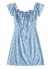 Ditsy 花柄ドレス　バケーションフリルトリム巾着半袖ドレス　婦人服　Mサイズ