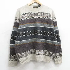 L/古着 長袖 セーター メンズ 90s ウール クルーネック 薄ベージュ他 カーキ 25feb01 中古 ニット トップス
