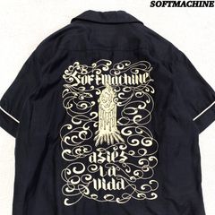 SOFTMACHINE ボーリングシャツ ボウリングシャツ ワークシャツ クリーニング済 オープンカラー 開襟 ロゴプリント ショートスリーブ 半袖 Lサイズ ブラック 黒 ソフトマシーン