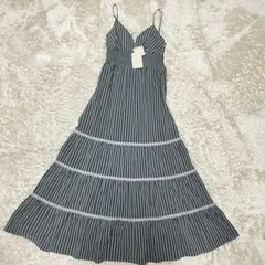 【未使用品】UNTITLED　キャミ ワンピース　サイズ0 XS相当　ストライプ　刺繍　リブ　ロング