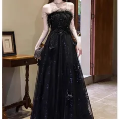 【新品 未使用】2026新作 ウェディングドレス オフショルダー ロングドレス - 高級感 フェザー付き ブラックドレス - パーティー 結婚式 成人式 舞台 演奏会 主催者向け エレガント フォーマルドレス 夜会用 晩餐会