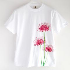 彼岸花柄Tシャツ ホワイト 手描きで描いた彼岸花柄Tシャツ 曼珠沙華