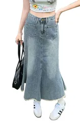 Size:S_Color:ブルー [ＰＴＯＲＧＥ] デニムスカート レディース ロングスカート ハイウエスト デニム マーメイドスカート 裾フリンジ フレアスカート 美脚 大きいサイズ ふんわりミモレ丈 20代 30代 40代 オフィス ボトムス(2ブルー)