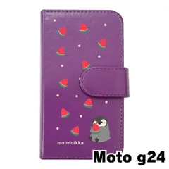 【新品未使用】moto g24 (XT2423-5) Motorola モトローラ スマホケース 手帳型 (色：パープル×柄：ペンギンとスイカ)moimoikka ペンギン 動物 flip2-motog24-pr-20139