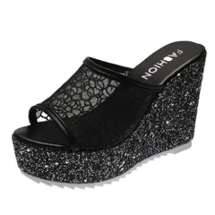[ALVEIN] サンダル 厚底 シースルー ミュール ウェッジソール ラメ レディース ヒール グリッター キャバサンダル パーティ 歩きやすい 透け感 (ブラック, 23.0 cm) [ブラック] [23.0 cm]