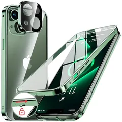 NIANGUO【ロック機能付き・自動ポップアップボタン】 iPhone13 mini 用 ケース クリア 【両面強化ガラス】 9H硬度 【一体型レンズ保護】 アイフォン13ミニ カバー アルミバンパーケース メタルフレーム 耐衝撃 傷防止 高感度タッチ 薄 1