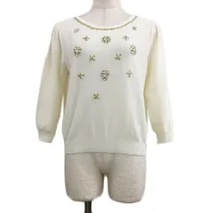 ストロベリーフィールズ STRAWBERRY-FIELDS カットソー プルオーバー ラウンドネック ビジュー 無地 七分袖 白 ホワイト