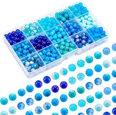 PH PandaHall 15種 青いガラスビーズ 450個 8 mm ブルー オーシャン風 丸ビーズ 収納ケース付き( 青い)