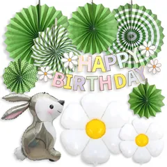 お祝い ナチュラル風 花 デイジーフラワー 記念日 ウサギ 子ども 動物風船 ペーパーファン パーティー ガーランド バルーン バースデー 室内装飾 飾り付け デコレーション 誕生日 セット Partylife (グリーン) CHASE
