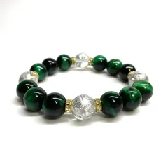 12mm 四神獣銀彫水晶×グリーンタイガーアイ パワーストーン ブレスレット天然石 運気上昇 金運 健康運 お守り 青龍 白虎 玄武 朱雀 （ゴールド）メンズ・レディース　男性・女性　数珠ブレス 開運 [15]