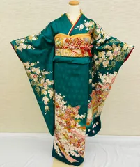 みるく様　【特別大価格❣️⑥】振袖フルセット　正絹振袖　成人式 緑系 艶VINTAGE□緑白□振袖6点セット163cm帯黒新品フルセット成人式