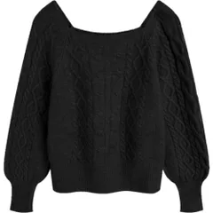 ☆ ブラック ☆ ケーブルニット トップス スクエアネック ニット レディース 長袖 スクエアネック セーター ニットセーター プルオーバー トップス 冬 秋冬 ケーブルニット ショート丈 ボリューム袖 ぽわん袖 可愛い おしゃれ かわいい オシャレ きれいめ