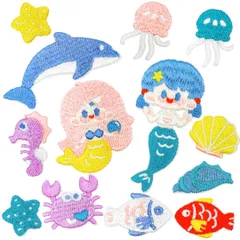 WATASHINO ワッペン 女の子 アイロンワッペン シール両用 アップリケ 刺繍 入園 入学準備 (人魚 13枚セット) [人魚 13枚セット]