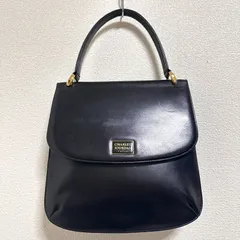 CHARLES JOURDAN シャルルジョルダン レトロ ヴィンテージ レザーハンドバッグ ロゴプレート マチ付き 黒×金 1点モノ