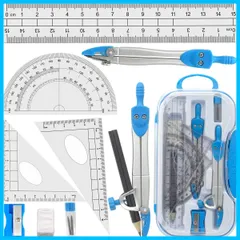 【在庫処分】消しゴム 鉛筆 替え芯 幾何学 半円分度器 中学生 小学生 2pcs三角定規 文房具 算数こんぱす12点セット15cm直定規 学用品 クリアケース付 Tulokaスクールコンパス ブルー