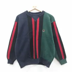 M/古着 トミーヒルフィガー 長袖 ブランド セーター メンズ 90s ワンポイントロゴ マルチカラー コットン クルーネック 緑他 グリーン スト