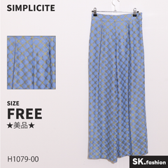 ★美品★ SIMPLICITE シンプリシテェ パンツ　ストレート　チェック柄　センタープレス　レース素材　裏地付き　サイドジップアップ 　ブルー　 【H1079-00】 送料無料　古着　レディース
