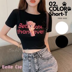 Tシャツ トップス 半袖 短丈 くま プリント 転写 原宿系 夏 レディース 韓国ファッション フォト クロップド ショート丈 かわいい ユニーク
