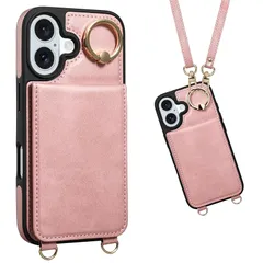 Shlybaay 対応 iPhone 16 ケース 背面 手帳型 カードケース ショルダー ストラップ iPhone16 用 手帳型ケース 背面ケース PUレザー 肩掛け ICカード収納 斜め掛け スタンド いPhone 16 アイホン あいほん 16 用 0