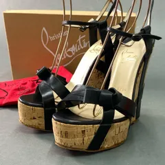 9f4 《美品》 Christian Louboutin クリスチャンルブタン ウェッジコルクソール レザーリボンサンダル 36 1/2 ブラック leather シューズ 保存袋 箱付き