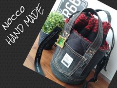 №649【DENIM✖️モコモコ太ボーダー 巾着丸底バケツ型ToteBag♥】デニムリメイクトートバッグ👖