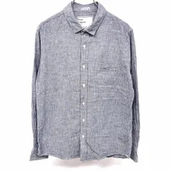 古着 ナノユニバース nano・universe シャツ ストライプ 胸ポケットにハートの刺繍 長袖 綿×麻 コットン×リネン S ネイビー×オフホワイト 紺 レディース 女性