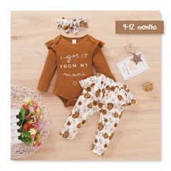 ベビー♡ ブラウンロンパース＆花柄パンツ＆ヘアリボンSet 9-12months