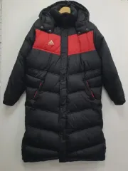adidas アディダス レッド ブラック 3本線 ダウンジャケット ロング丈 ㅡ3180