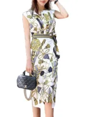 [ISLAYCAOLILA] キャバドレス ミニドレス クラブドレス パーティードレス ワンピース タイト ミディ スカーフ ノースリーブ 巻きスカート クルーネック リボン ウエストマーク ラップ ひざ丈 レディース C72 モニカ (イエロー, M)