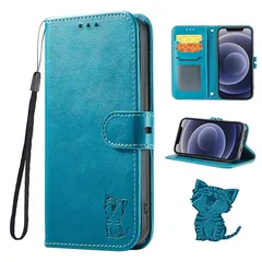 iPhone16ケース 手帳型 スマホケース 笑顔猫ちゃん ストラップ付き カード収納 ベルト マグネット スタンド機能 (iPhone16 6.1インチ対応) ターコイズ 0