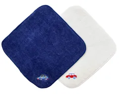 新品 今治タオル×スマイリッシュ ミニタオルハンカチ（15cm×15cm）2枚セット・名入れスペース付(白くるま＆ネイビーくるま) ベロアのような滑らか素材