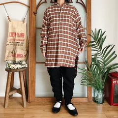 ユーロヴィンテージ チェック グランパシャツ オレンジ系（m275）