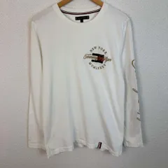 TOMMY HILFIGER トミーヒルフィガー ロングTシャツ ロンT 刺繍ロゴ 袖プリント ホワイト Lサイズ メンズ 古着 ストリート アメカジ