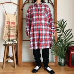 ユーロヴィンテージ チェック グランパシャツ 赤系（m276）