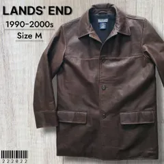 LANDS'END ランズエンド■極美品 1990-2000s アンティーク加工 牛革 レザー カーコート M ダークブラウン 裏地フリース ジャケット 本革 ボックス型