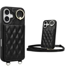 ★iPhone 16 対応 ケース 背面 手帳型 カードケース iPhone16 用 ショルダー ストラップ 手帳型ケース キルティング アイホン 16 用 スタンド 肩掛け カード収納 斜め掛け 首掛け PUレザー  6.1inch ブラック