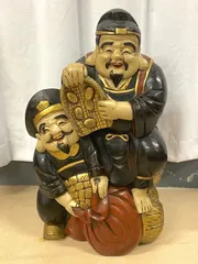 美品 骨董品 高級木彫り 大黒様 木製の笑顔の仏像セット 木彫り 赤い