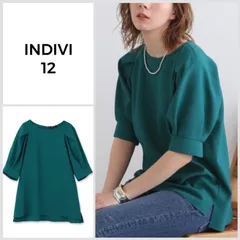 【美品♪】INDIVI インディヴィ タックスリーブ カットソー グリーン系 12号 ゆったりシルエット とろみ素材 きれいめ 通勤 オフィス 上品 レディース C177
