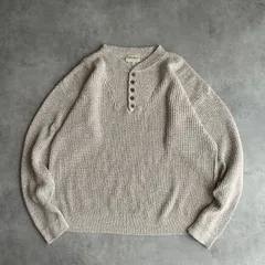 90s/Eddie Bauer/エディーバウアー/USA製/アメリカ製/コットンニット/ヘンリーネック/メランジ/ミリタリーセーター/ハーフボタン/メタルボタン/ホワイト×ベージュ/XL/jmaple