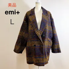 美品 emi+ BIGシルエット チェック柄ミディーコート ビッグシルエット チェック柄 ゆったりシルエット コート アウター 秋冬 防寒 あたたかい ミディ丈 ブラウン Lのサムネイル