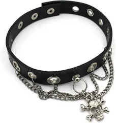 ルナリ ドクロ チョーカー スカル レザー パンク ロック V系 ゴシック 仮装 ガイコツ 首輪 ユニセックス 髑髏 (ブラック)